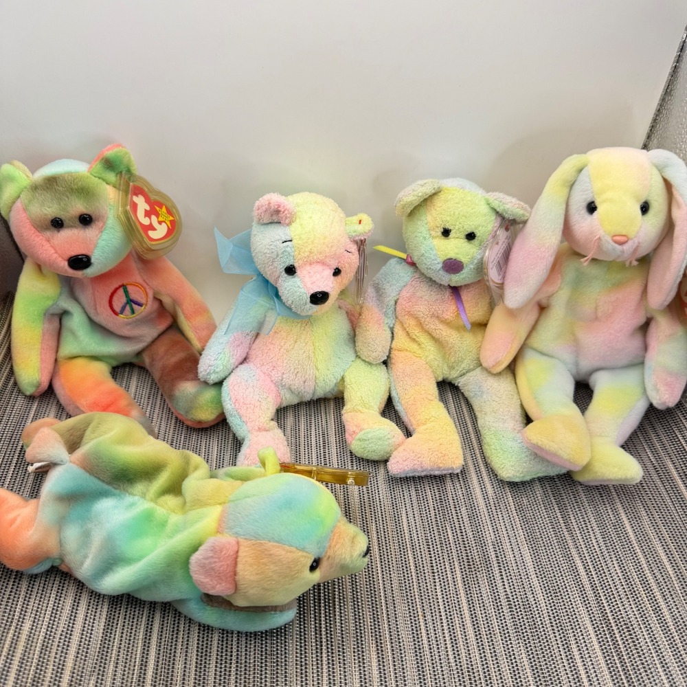 Ty Beanie Babies Tie Dye Lot Peace Hippie Sammy Mellow Groovy Plush Bear Bunny